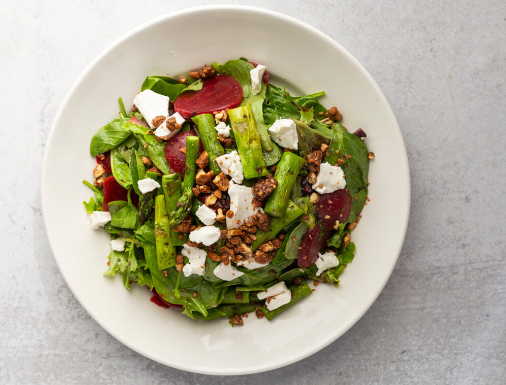 Spring mix, beets, roasted asparagus, goat cheese, candied pecans, lemon Otis dressing