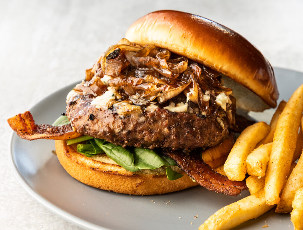 Our proprietary HeartBrand Ranch Akaushi Wagyu and Angus beef blend, gorgonzola cheese, honey balsamic onions, peppered bacon, spinach, brioche bun, choice of house-made potato salad or fries