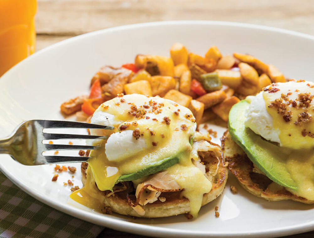 Two extra-large poached eggs, toasted English muffin, cajun turkey, avocado, bacon, cayenne citrus hollandaise
